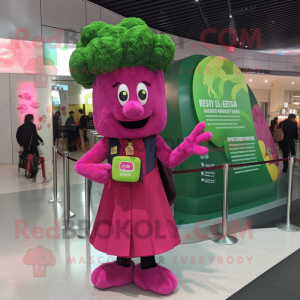 Magenta Broccoli mascot costume character dressed with a Cocktail Dress and Berets