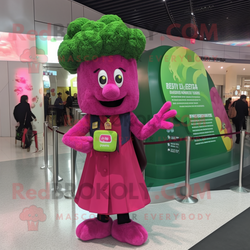 Magenta Broccoli mascot costume character dressed with a Cocktail Dress and Berets Magenta Broccoli mascot costume character dressed with a Cocktail Dress and Berets