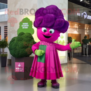 Magenta Broccoli mascot costume character dressed with a Cocktail Dress and Berets