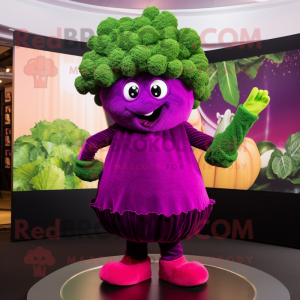 Magenta Broccoli mascot costume character dressed with a Cocktail Dress and Berets