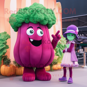 Magenta Broccoli mascot costume character dressed with a Cocktail Dress and Berets