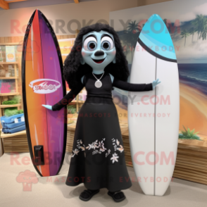 Black Surfboard mascot costume character dressed with a Maxi Skirt and Earrings