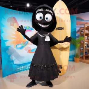 Black Surfboard mascot costume character dressed with a Maxi Skirt and Earrings