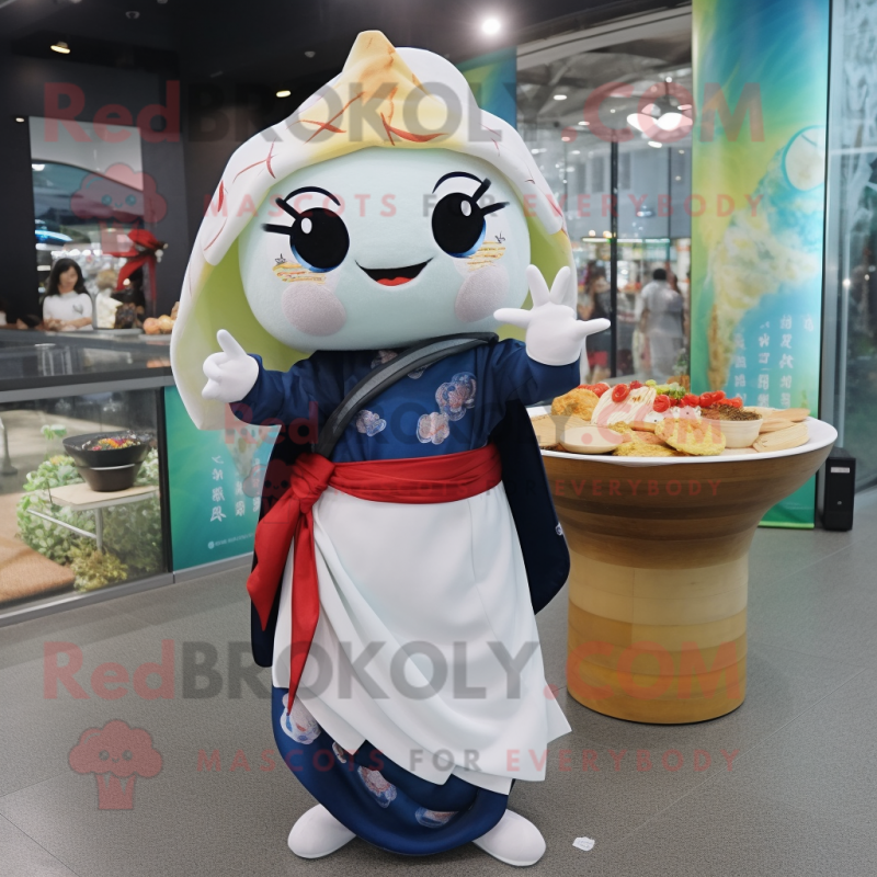 Navy Dim Sum mascot costume character dressed with a Blouse and Shawls