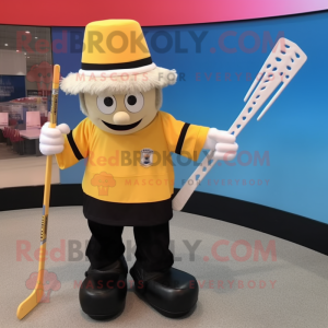 Yellow Ice Hockey Stick mascot costume character dressed with a Skirt and Hat pins