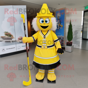 Yellow Ice Hockey Stick mascot costume character dressed with a Skirt and Hat pins