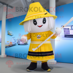 Yellow Ice Hockey Stick mascot costume character dressed with a Skirt and Hat pins