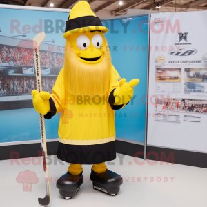Yellow Ice Hockey Stick mascot costume character dressed with a Skirt and Hat pins