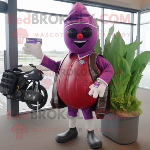 Lavender Beet mascot costume character dressed with a Moto Jacket and Briefcases