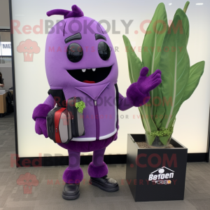 Lavender Beet mascot costume character dressed with a Moto Jacket and Briefcases