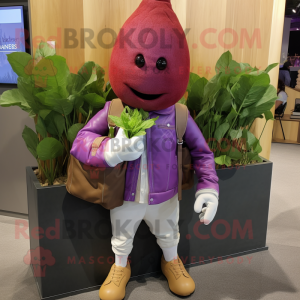 Lavender Beet mascot costume character dressed with a Moto Jacket and Briefcases