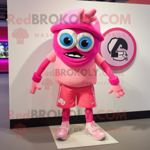 Pink Cyclops mascot costume character dressed with a Joggers and Brooches