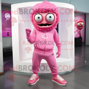 Pink Cyclops mascot costume character dressed with a Joggers and Brooches