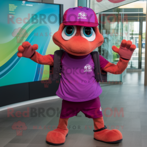 Magenta Turtle mascot costume character dressed with a Tank Top and Hats