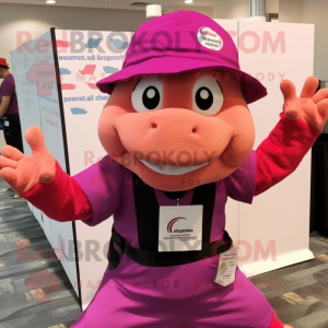 Magenta Turtle mascot costume character dressed with a Tank Top and Hats