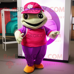 Magenta Turtle mascot costume character dressed with a Tank Top and Hats