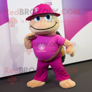 Magenta Turtle mascot costume character dressed with a Tank Top and Hats