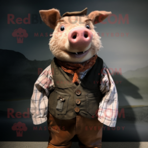 Rust Pig mascot costume character dressed with a Waistcoat and Scarf clips