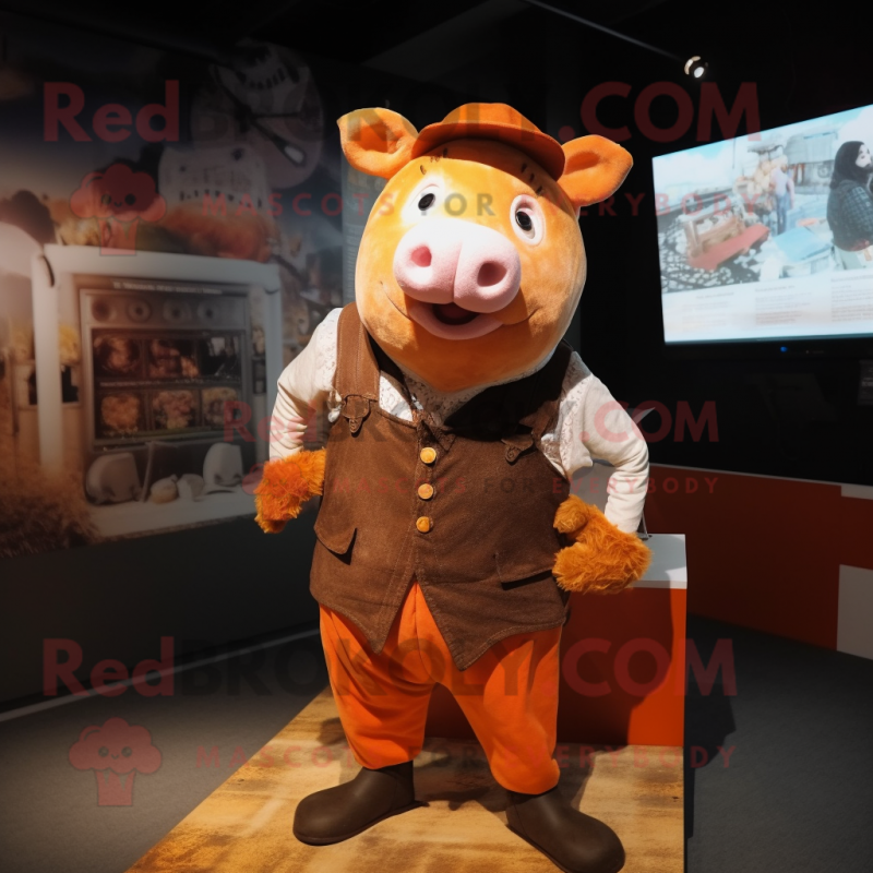 Rust Pig mascot costume character dressed with a Waistcoat and Scarf clips Rust Pig mascot costume character dressed with a Waistcoat and Scarf clips