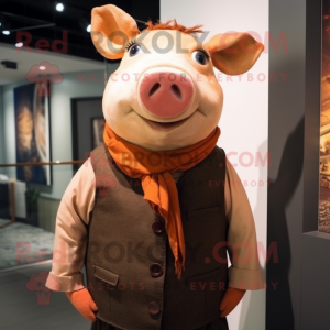Rust Pig mascot costume character dressed with a Waistcoat and Scarf clips