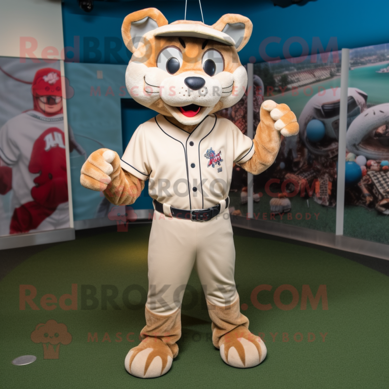 Beige Lynx mascot costume character dressed with a Baseball Tee and Shoe laces