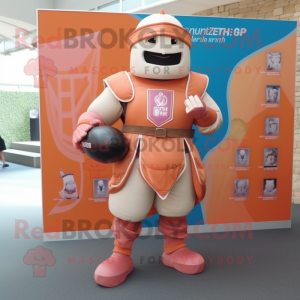 Peach Medieval Knight mascot costume character dressed with a Rugby Shirt and Digital watches