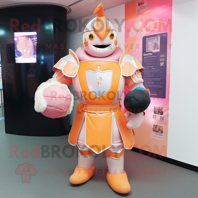 Peach Medieval Knight mascot costume character dressed with a Rugby Shirt and Digital watches