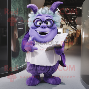 Lavender Ogre mascot costume character dressed with a Wrap Skirt and Reading glasses