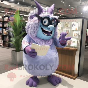 Lavender Ogre mascot costume character dressed with a Wrap Skirt and Reading glasses