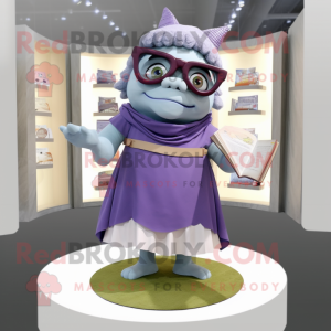 Lavender Ogre mascot costume character dressed with a Wrap Skirt and Reading glasses