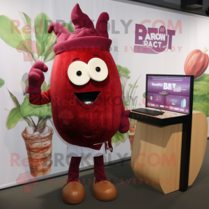 Maroon Radish mascot costume character dressed with a Button-Up Shirt and Earrings