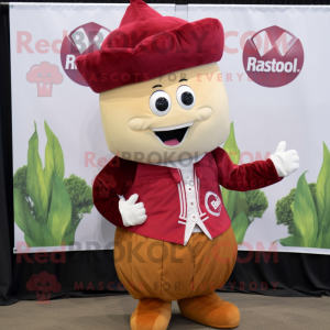 Maroon Radish mascot costume character dressed with a Button-Up Shirt and Earrings