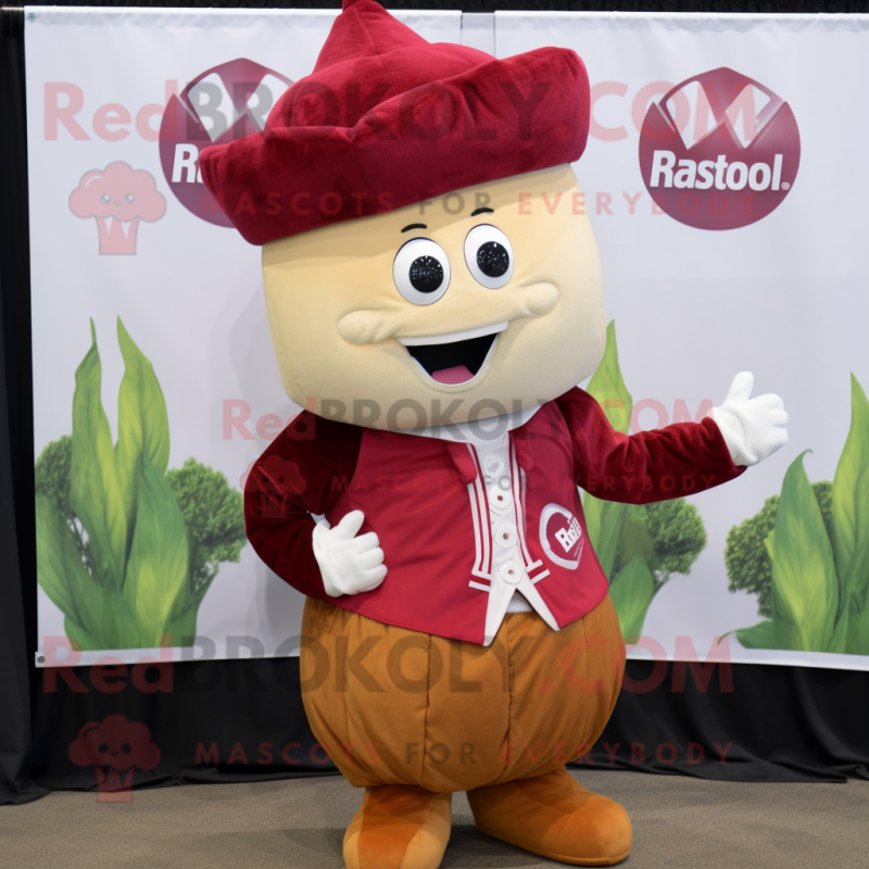 Maroon Radish mascot costume character dressed with a Button-Up Shirt and Earrings Maroon Radish mascot costume character dressed with a Button-Up Shirt and Earrings