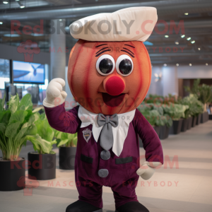 Maroon Radish mascot costume character dressed with a Button-Up Shirt and Earrings