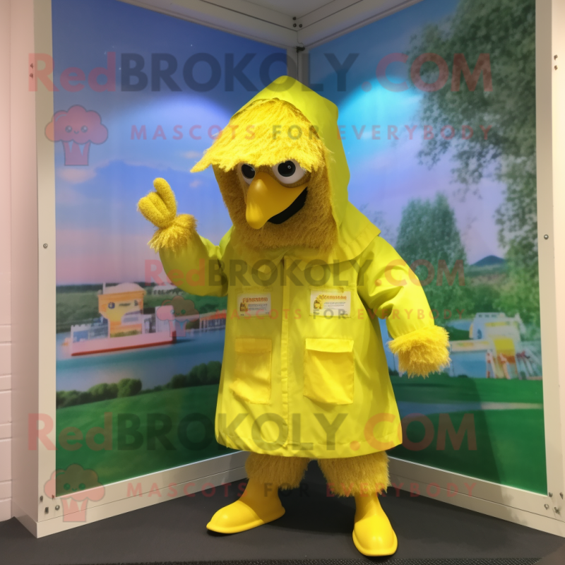 Lemon Yellow Turkey mascot costume character dressed with a Raincoat and Gloves Lemon Yellow Turkey mascot costume character dressed with a Raincoat and Gloves
