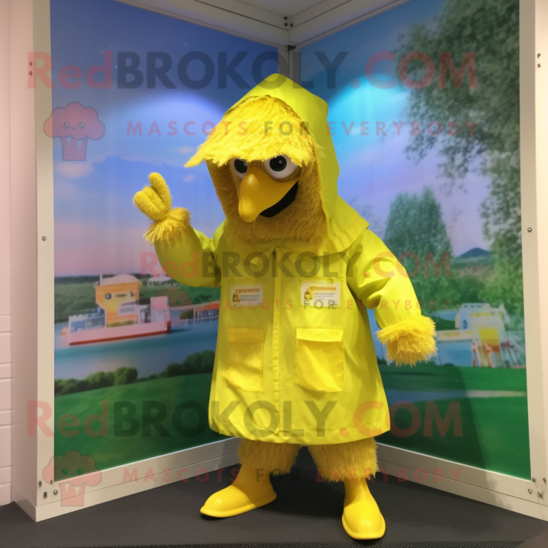 Lemon Yellow Turkey mascot costume character dressed with a Raincoat and Gloves