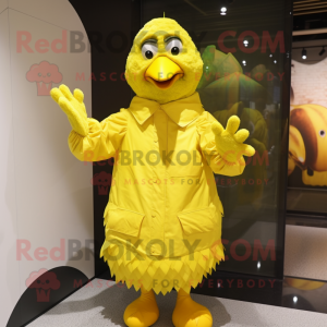 Lemon Yellow Turkey mascot costume character dressed with a Raincoat and Gloves