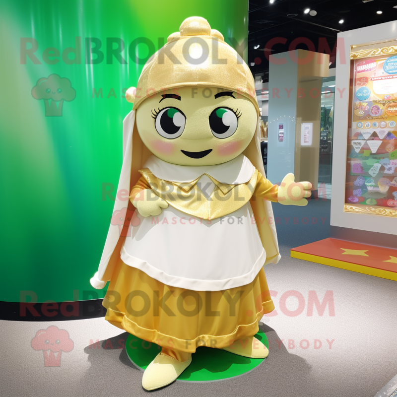Cream Pot Of Gold mascot costume character dressed with a Mini Skirt and Shawls Cream Pot Of Gold mascot costume character dressed with a Mini Skirt and Shawls