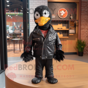 Black Goose mascot costume character dressed with a Leather Jacket and Brooches