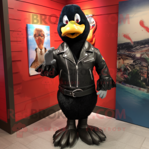 Black Goose mascot costume character dressed with a Leather Jacket and Brooches