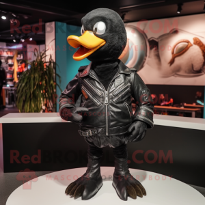 Black Goose mascot costume character dressed with a Leather Jacket and Brooches