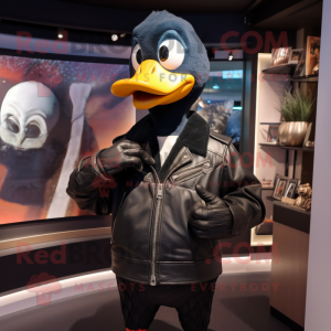 Black Goose mascot costume character dressed with a Leather Jacket and Brooches