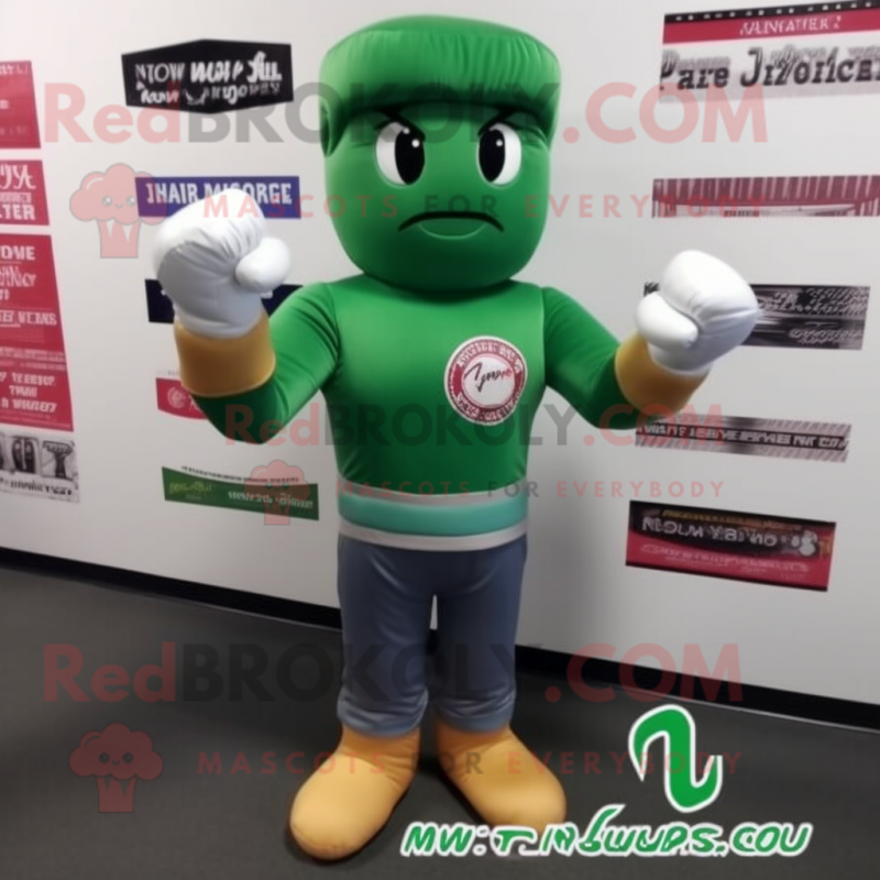 Forest Green Boxing Glove mascot costume character dressed with a Mom Jeans and Scarves