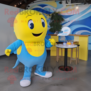 Lemon Yellow Blue Whale mascot costume character dressed with a Jumpsuit and Watches