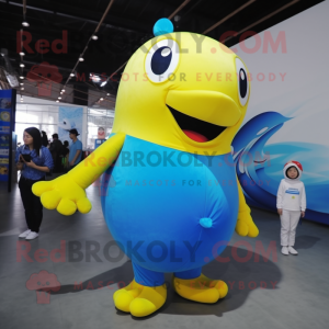 Lemon Yellow Blue Whale mascot costume character dressed with a Jumpsuit and Watches