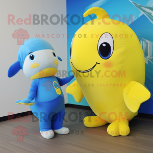 Lemon Yellow Blue Whale mascot costume character dressed with a Jumpsuit and Watches