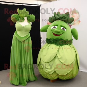 Green Corned Beef And Cabbage mascot costume character dressed with a Evening Gown and Earrings