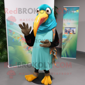 Turquoise Toucan mascot costume character dressed with a T-Shirt and Scarf clips