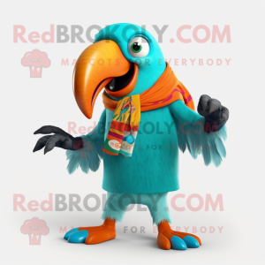 Turquoise Toucan mascot costume character dressed with a T-Shirt and Scarf clips