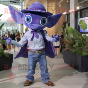 Purple Manta Ray mascot costume character dressed with a Denim Shirt and Ties